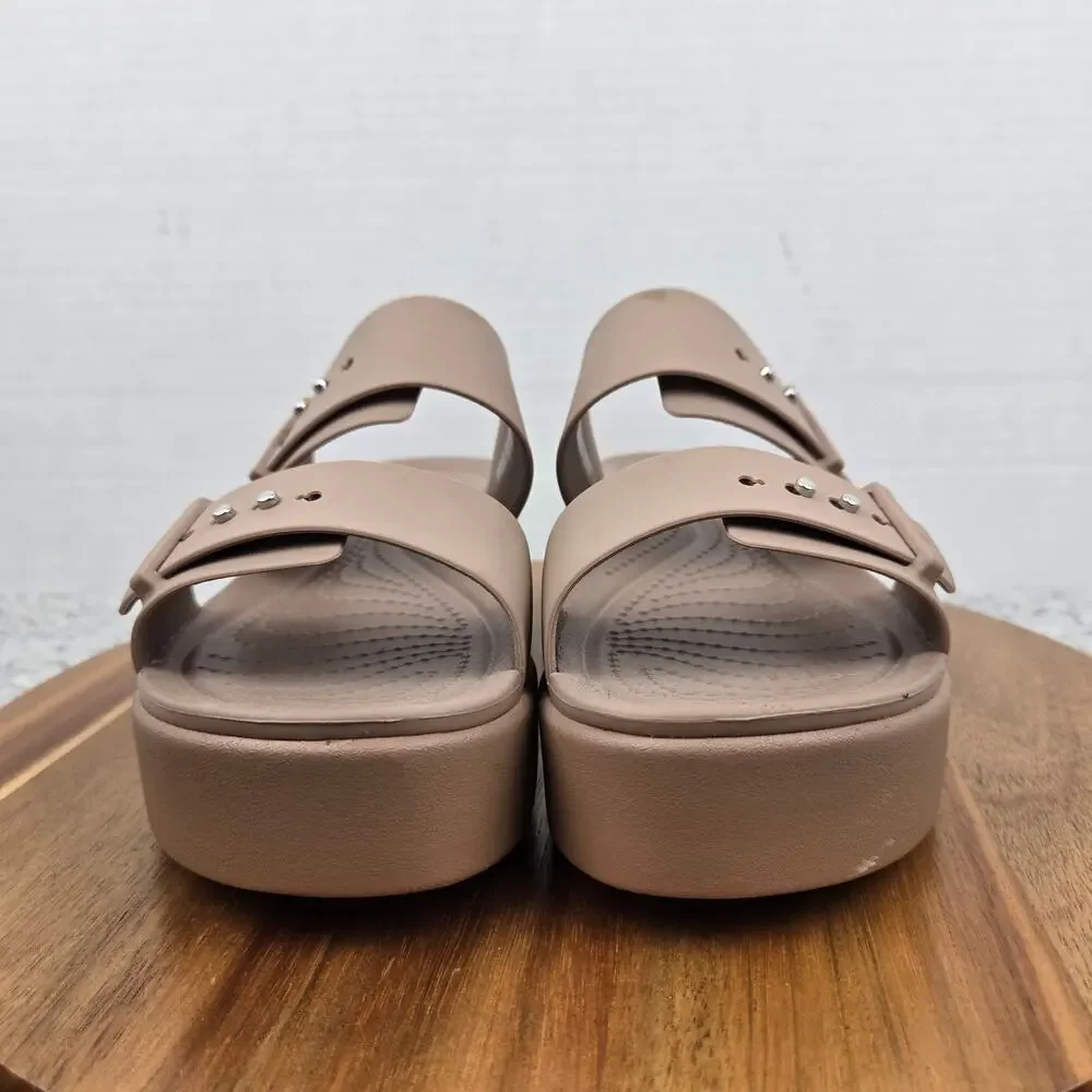 Crocs Womens 7 Brooklyn Latte Brown Buckle Low Double Strap Casual Wedge Sandal